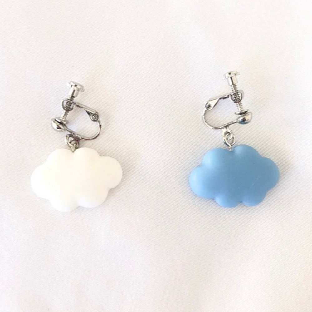 Asymmetrical Blue and White Clip On Cloud Earrings